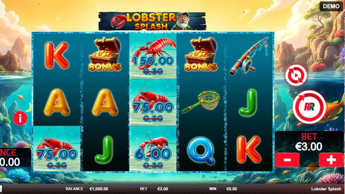Lobster Splash স্লট গেমের রঙিন আন্ডারওয়াটার থিম এবং ফিশিং গ্রাফিক্স